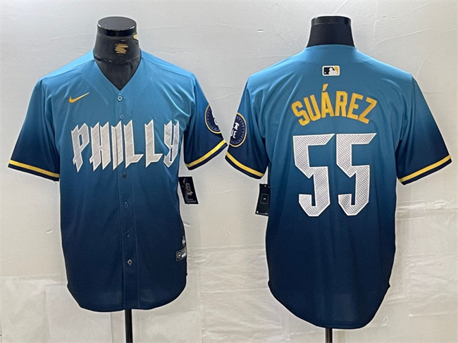 Men's Philadelphia Phillies #55 Ranger Suárez Blue 2024 City Connect Limited Stitched Jersey